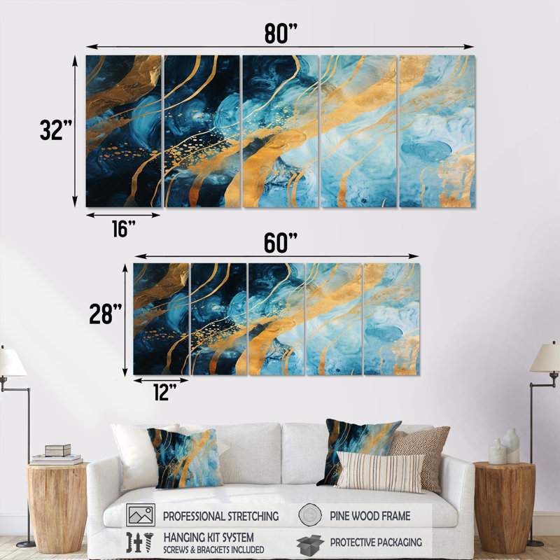 «Blue Sparkling Glam Gold Streams - Abstract Modern Waves», ensemble d'art mural 5 pièces, H 28 po x l 60 po