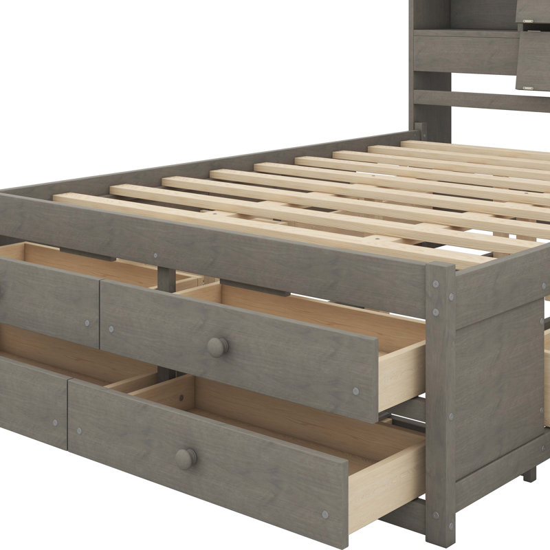 Lit plateforme avec tête de lit et rangement à 8 tiroirs, Gris, Grand lit