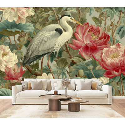 Papier peint auto-adhésif de style chinoiserie avec hérons, oiseaux, pivoines, H 69 po x l 96 po, papier peint amovible en PVC pour chambre à coucher, bureau à domicile