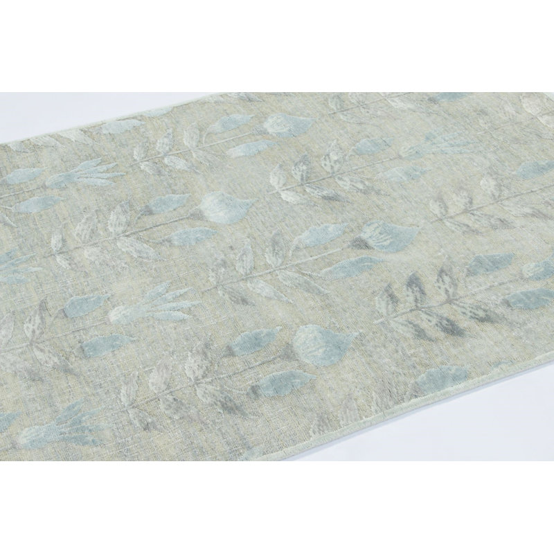 Rug & Kilim’S Block Print Rug With Beige-Gray And Steel Blue Florals