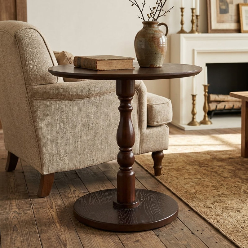 Table d'appoint ronde vintage en bois avec piédestal tourné, Noyer brun