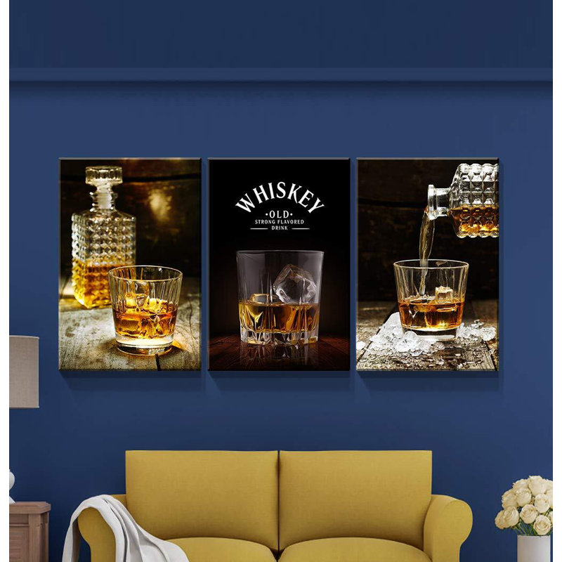 Whiskey Liquor Still Life - 3 pièces sur toile tendue, H 24 po x l 48 po x P 1,5 po