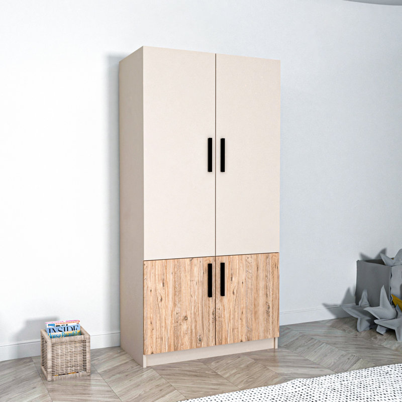 Berend 4 Door Manufactured Wood Wardrobe, 190cm H x 51cm W x 18.6cm D, Atlantic Pine/Beige