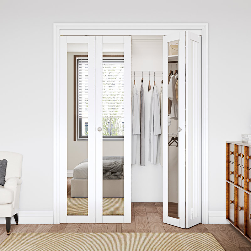 Porte pliante en bois manufacturé en miroir massif avec trousse de quincaillerie d'installation, 60 po x 80 po, White