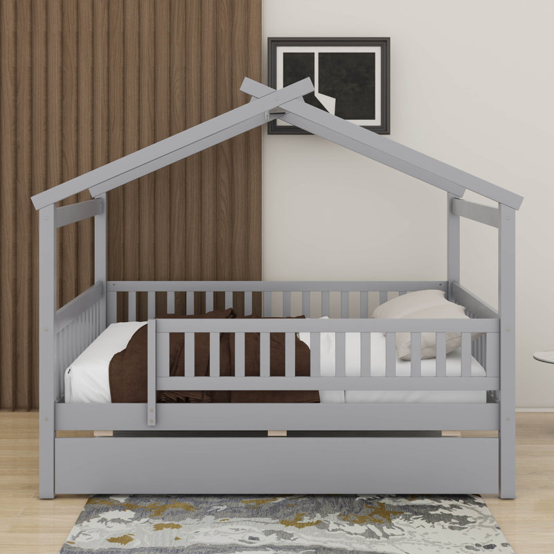 Lit double en bois avec lit gigogne, Gris, Lit double
