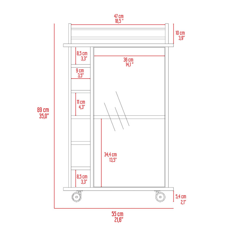Chariot-bar, porte en verre, quatre roulettes, deux tablettes, Brun