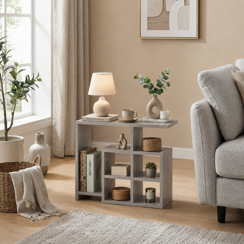 Table de bout moderne avec étagère de rangement à cubes ouverts, petite table d'appoint et présentoir de bibliothèque, Béton