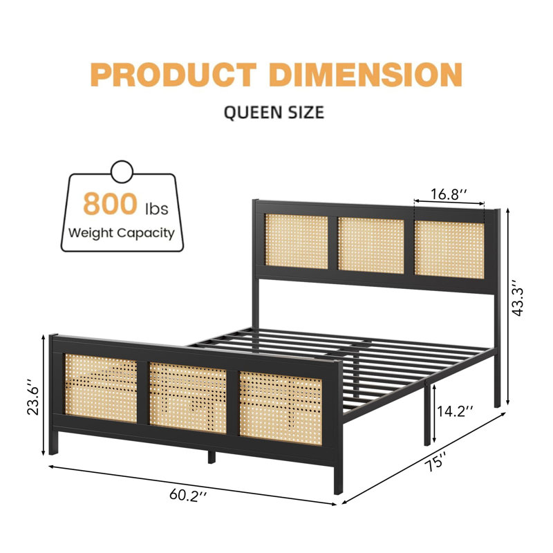 Queen Black Wood and Rattan Platform Bed Frame with Headboard