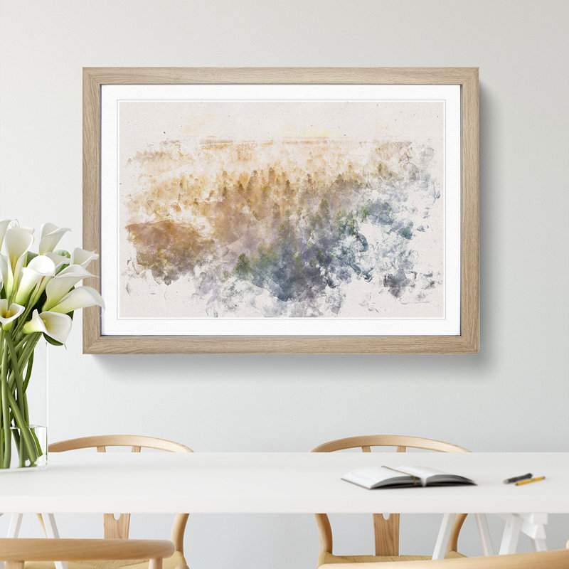 Fog Over The Forest Watercolour - Single Picture Frame Print on MDF, 62cm H x 87cm W x 2cm D, Oak Framed