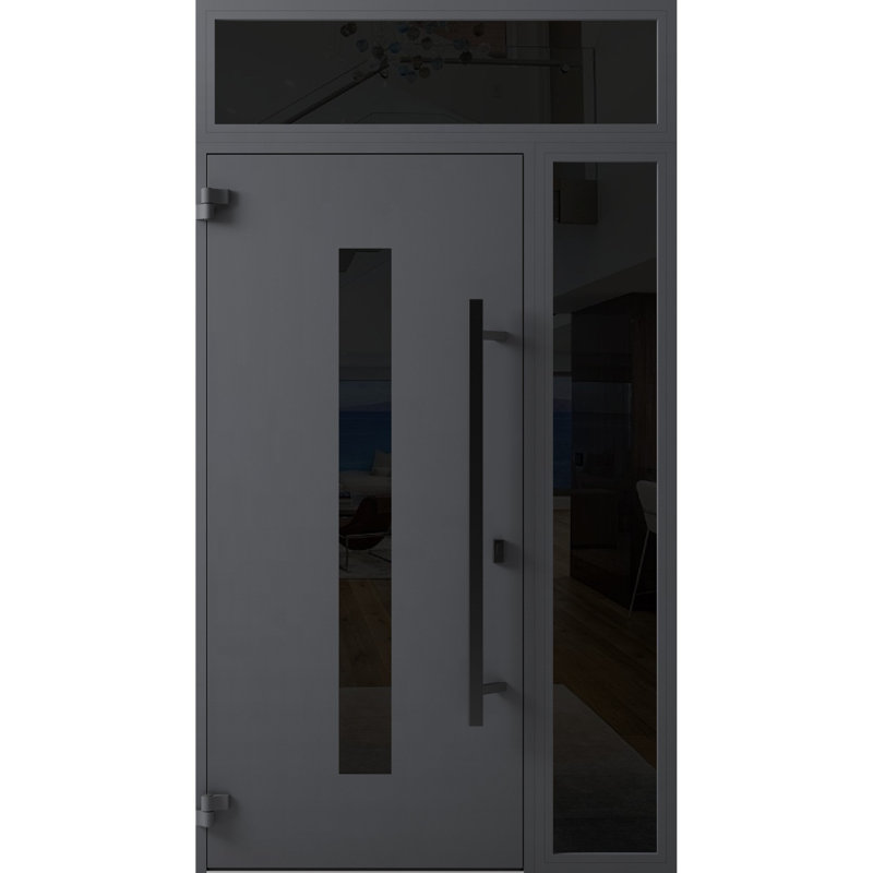 Façade avant en acier pré-suspendue / gris Ronex 0130 / fenêtre extérieure latérale et supérieure en métal / entrée en métal peinte de style moderne l 36 po x H 12 po x H 80 po + à droite vers l'intérieur