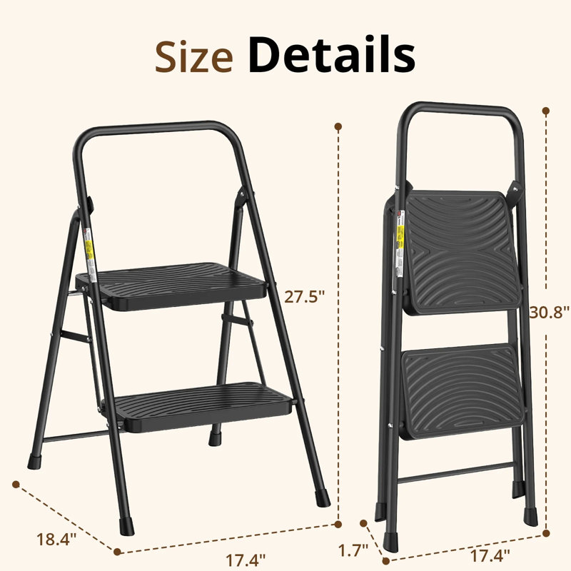 2 Step Ladder, Folding Step Stool for Adults with Wide Anti-Slip Pedal, Sturdy Portable 2 Step Stool, Lightweight, Black