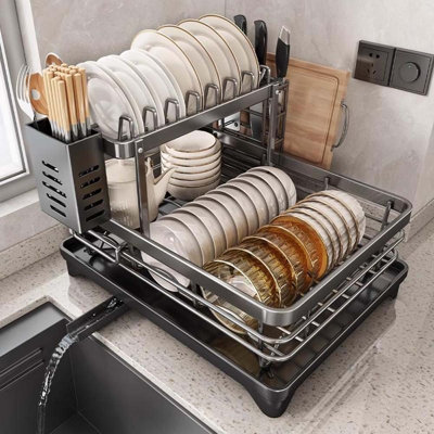 Dish Drying Rack, 2 Tier Dish Racks For Kitchen Counter, Large Stainless Steel Kitchen Dish Drying Rack With Drainboard, Detachable Dish Drainers With Utensil Holders