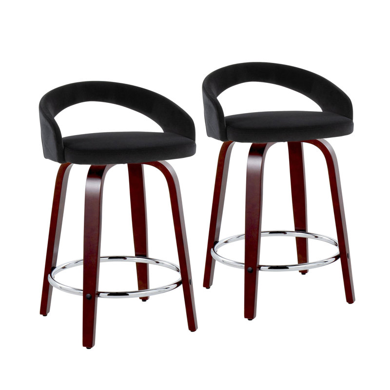 Tabouret de comptoir à hauteur fixe avec pivot en bois d'acajou, repose-pieds en métal chromé et velours noir - ensemble de 2