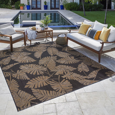 Reyn Spooner Tradewinds Monstera Black Hawaiian Tropical Polypropylene Flatweave Indoor/ Outdoor All Weather Area Rug