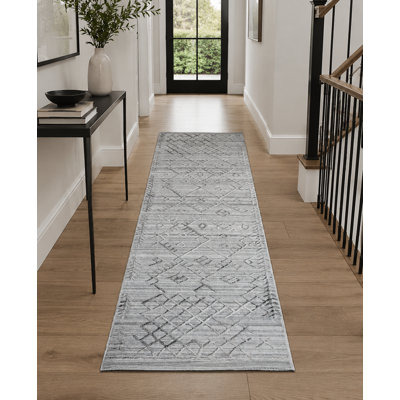 Hand Woven Overtufted Kilim Geometric Polypropylene Silver Runner Area Rug