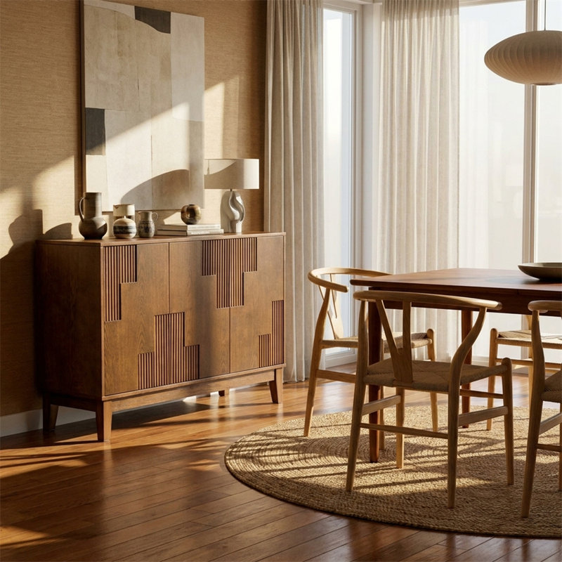 Buffet avec rangement, armoire décorative à rayures verticales, tablettes réglables, armoire de rangement polyvalente, style Mid-Century moderne, noir