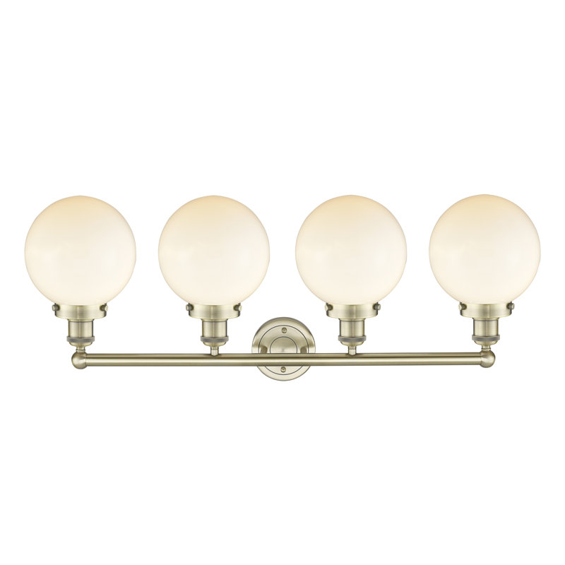 Éclairage pour meuble-lavabo à intensité variable à 4 lumières Alfonsa, Blanc mat, Laiton antique
