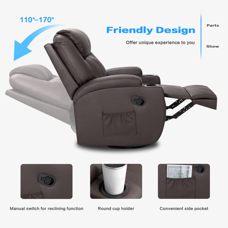 Faux Leather 360° Swivel Recliner Chair for Living Room, Bedroom, Faux Leather Brown