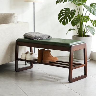 Solid Wood Entryway Bench With Storage And Cushioned Seat, 2-Tier Shoe Rack And Hallway Bench For Living Room And Entry