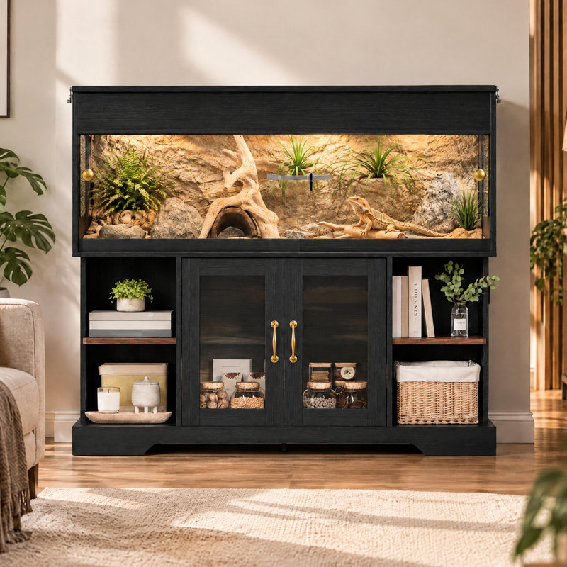 Reptile Terrarium with Cabinet Stand, Lift-Up Mesh Top, Sliding Acrylic Doors, Side Windows, Storage Shelves and Power Outlet