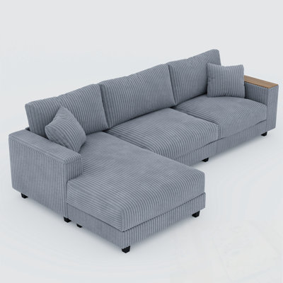 Corduroy L Shaped Xanthe Sofa with chaise and armrest storage