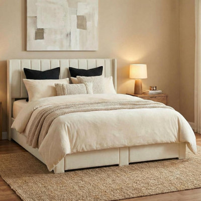 Queen Size Upholstered Bed Frame with Storage Drawer, Heavy-Duty Steel Framework & Wooden Slats, Tufted Headboard, No Box Spring Needed, White