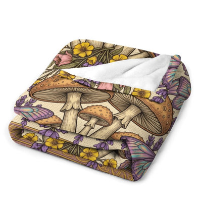 Peace Signs Mushrooms Butterflowers Lavender Luxury Flannel Throw Blanket, Soft Warm Fuzzy Blanket for Living Room Sofa Bed Home Decor