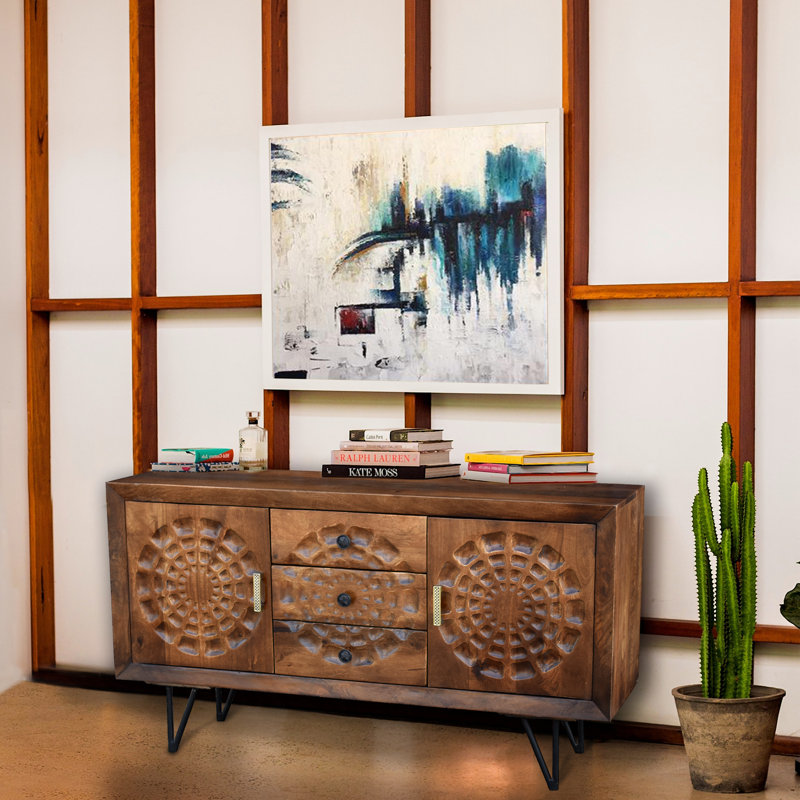 Buffet 55,1 po de largeur à 3 tiroirs en bois de manguier