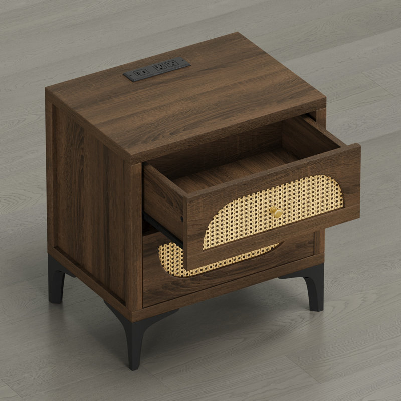 Station de charge intégrée à 2 tiroirs en rotin Modern Boho, Brun, Ensemble de 2