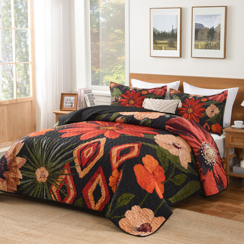 Ensemble de literie à motif de courtepointe Floral Boho, noir, 3 pièces, couvre-lits de style campagnard à fleurs avec 2 taies décoratives, doux et réversible, ensemble de couvre-lit léger en microfibre pour toutes les saisons, 90 po x 96 po