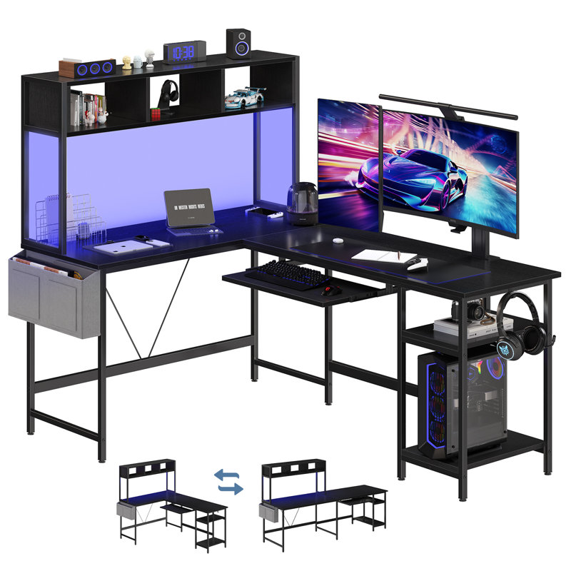 67 Inch L Shaped Computer Desk with LED Light, Home Office Corner Desk, Back