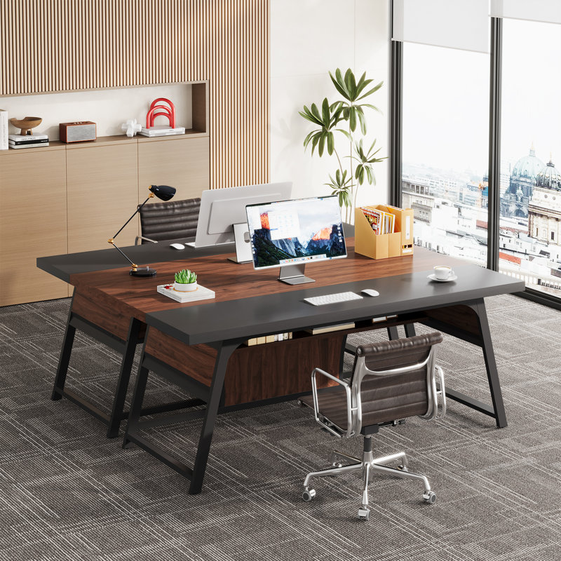 63 Inch Executive Office Desk, Walnut/Black