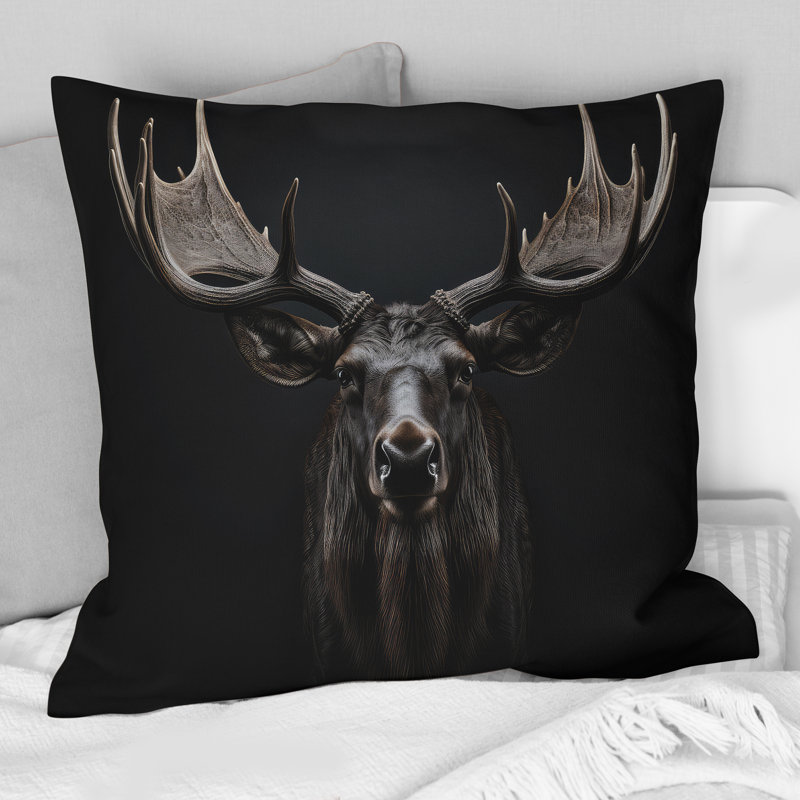 Coussin imprimé noir et blanc avec orignaux majestueux noir et blanc, H 16 po x l 16 po