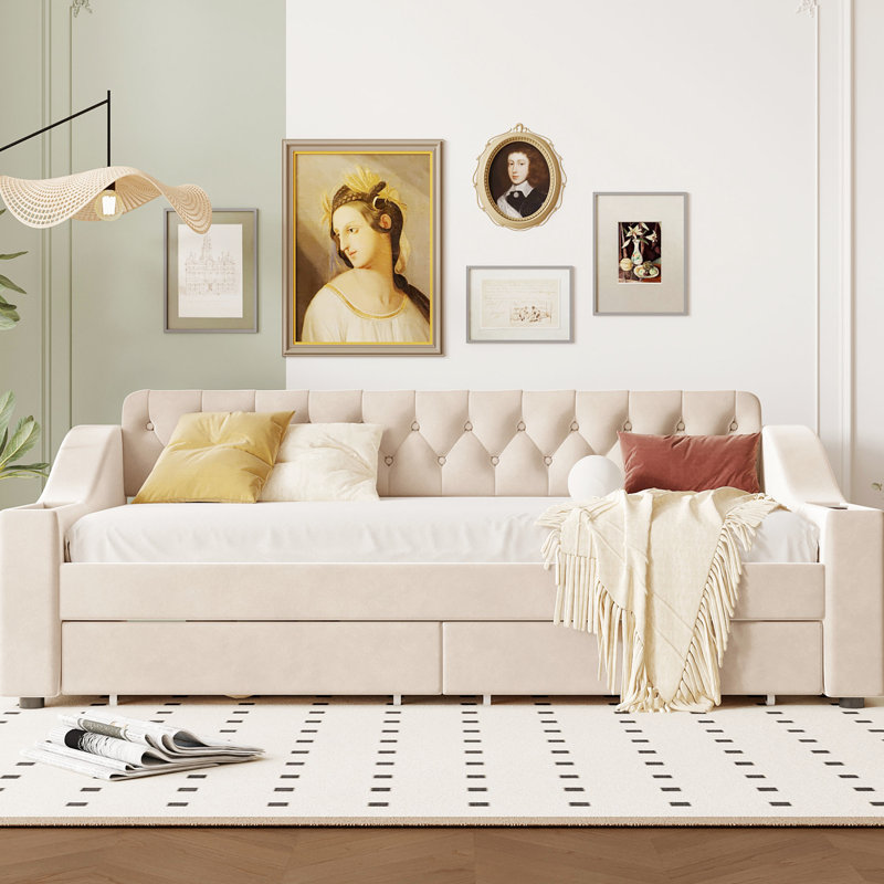 Lit de jour simple avec rangement pour accoudoirs et accessoire de décoration beige