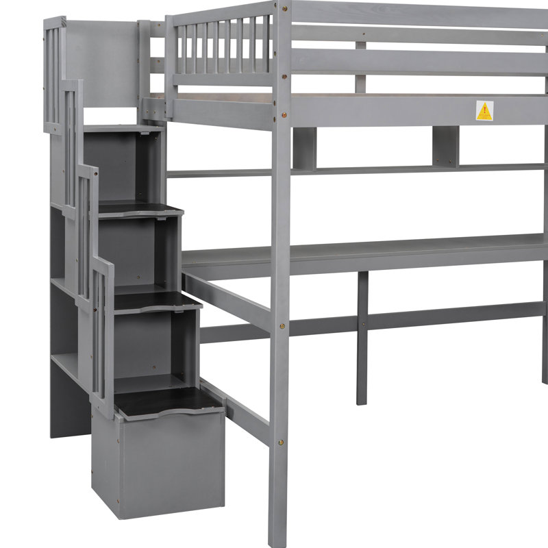 Lit mezzanine double avec bureau et rangement, de couleur grise, escalier pour une chambre à coucher lisse offrant un espace de rangement pratique - Maximisez le confort potentiel de votre chambre à coucher