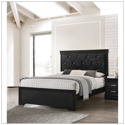 Modern 1Pc Black Finish Panel Bed Wooden Fabric Upholstered Headboard Crystal-Like Button Tufted Fabric Bedroom Furniture