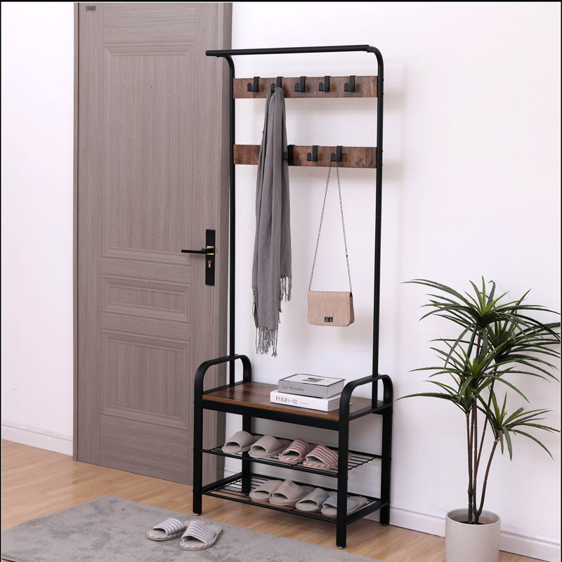 Portemanteau, portemanteau avec banc à chaussures pour l'entrée, banc d'entrée avec portemanteau, 4 en 1, avec 9 crochets amovibles, une tringle suspendue, 13,8 x 25,2 x 72,8 pouces