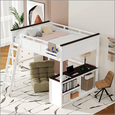 Queen Size Loft Bed with Built-in Desk, Multi-Shelf Storage & End Storage Box, Solid Wood & MDF Heavy-Duty Loft Bed Frame with Full-Length Guardrail and 5-Step Ladder for Small Rooms