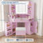 Bureau de coiffeuse d'angle avec miroir et lumières à DEL à intensité variable, coiffeuse en verre avec station de charge, commande tactile, tiroirs spacieux et casier ouvert pour la chambre à coucher, rose-1293437130