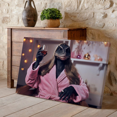 Canvas A Whimsical Scene Featuring A Humanoid Reptile Character Elegantly Posed Wall Art In A Plush Pink Bathrobe Seated Comfortably Canvas Wall Art
