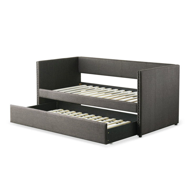 Gray Fabric Upholstered 1pc Day Bed with Pull-out Trundle Nailhead Trim Wood Frame Furniture, Gray