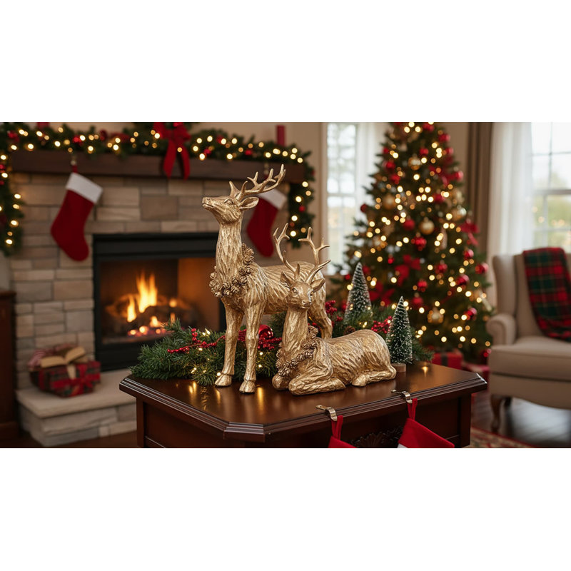 6.7" Gold Reindeer Figurines (2Pcs) | Christmas Indoor Decor