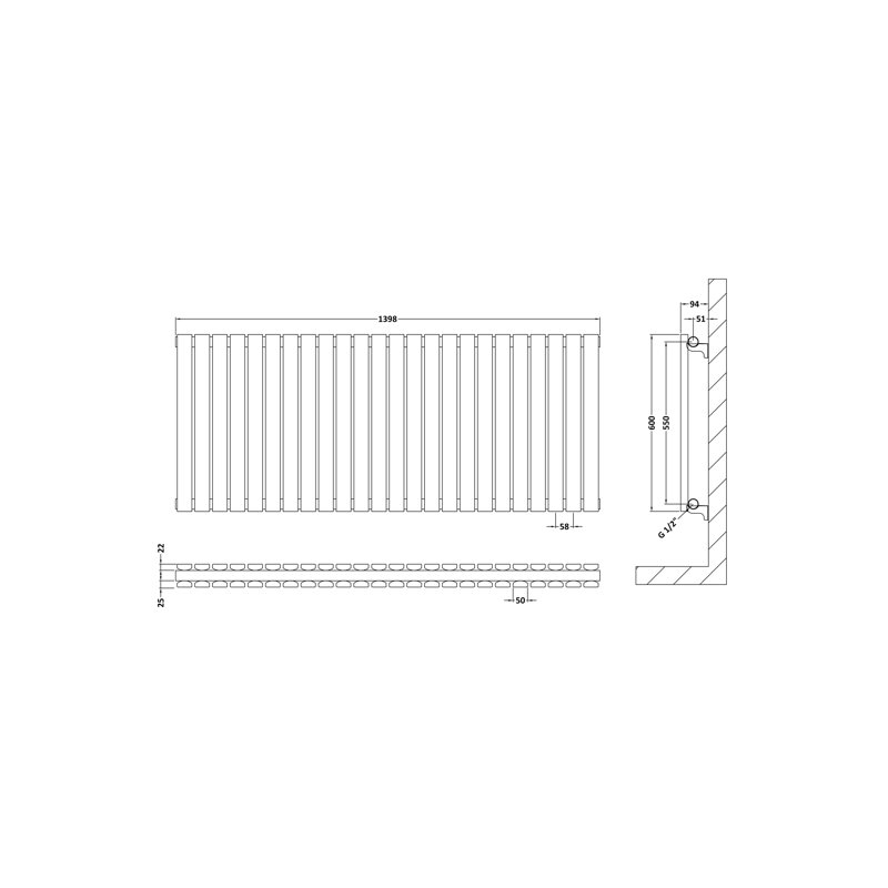 Sloane Horizontal Standard Radiator, White, 60cm H x 157.2cm W x 7.2cm D
