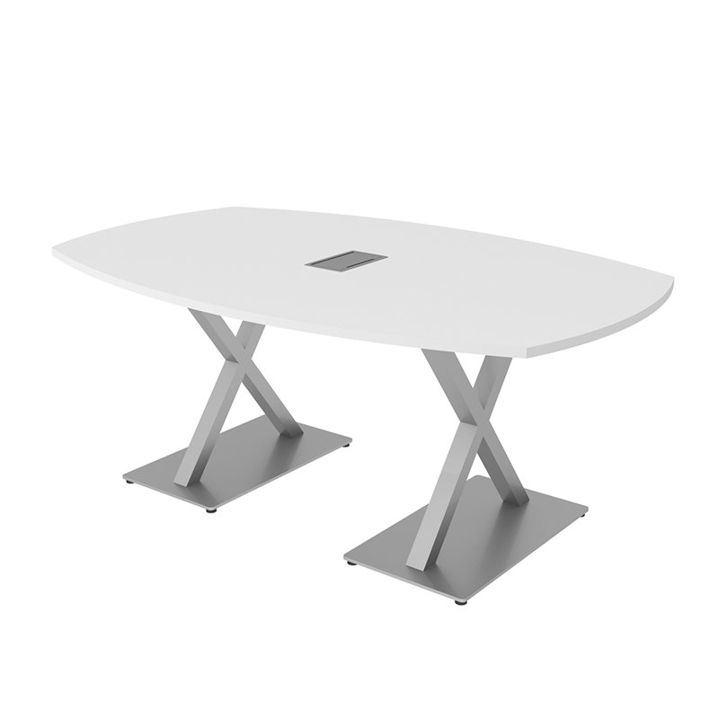 Table de conférence Pavert Arc Boat avec base en X en métal | Unité électrique, H 30 po x l 72 po x P 48 po, Blanc classique