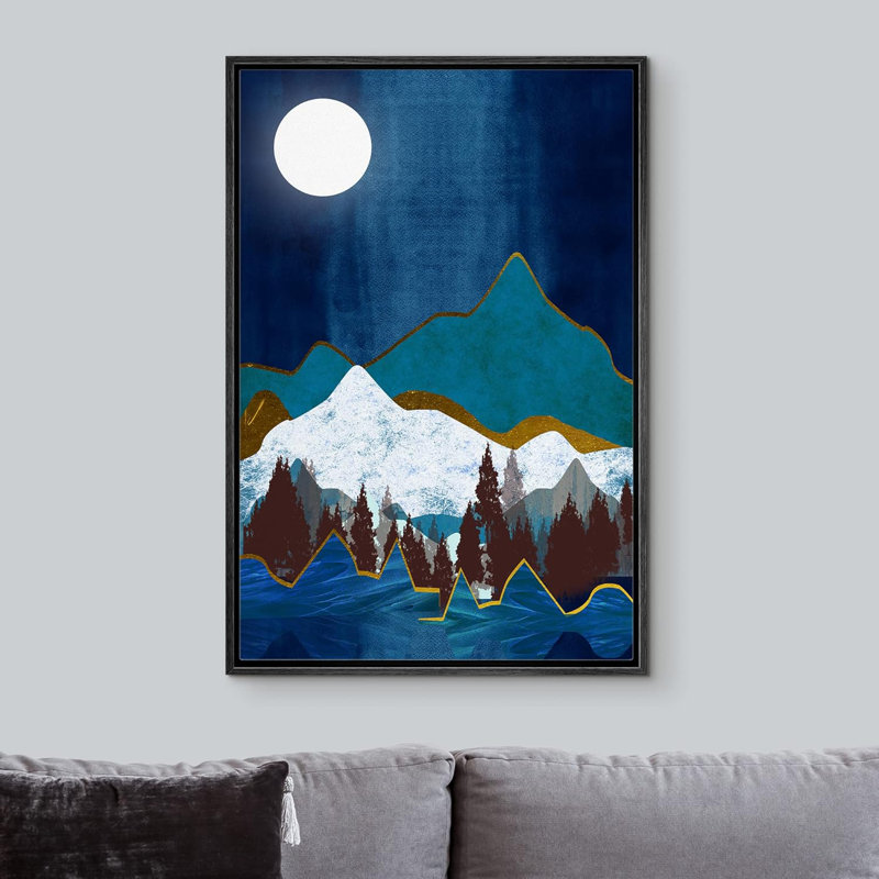 Soleil, chaîne de montagnes, paysage abstrait, illustrations, rustique, H 24 po x l 16 po, Noir