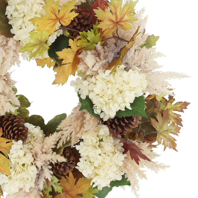Fall Wreath with Hydrangeas, Leaves and Pampas