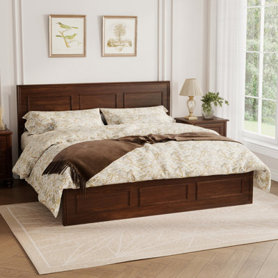 Queen Size Bed with Adjustable Height Headboard, Pine Wood Bed with Strengthened Bed Frame ,Walnut