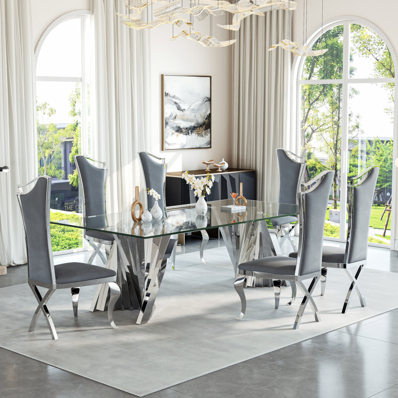 6 - Person Glass Top Double Pedestal Dining Set, Silver/Gray, Silver 