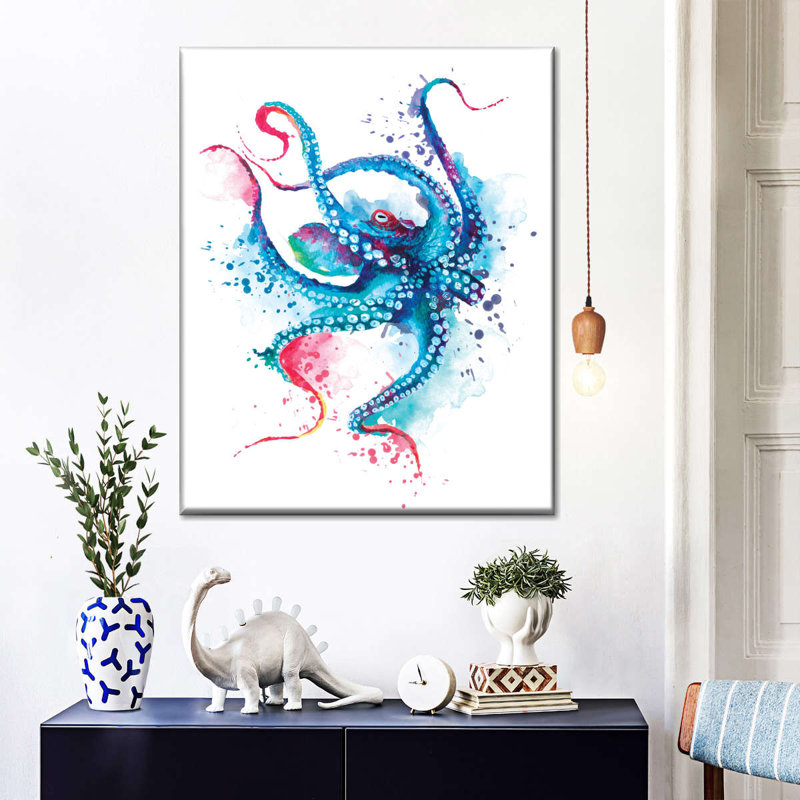 Blue Octopus Splash sur impression sur toile, H 15 po x l 12 po x P 1,25 po