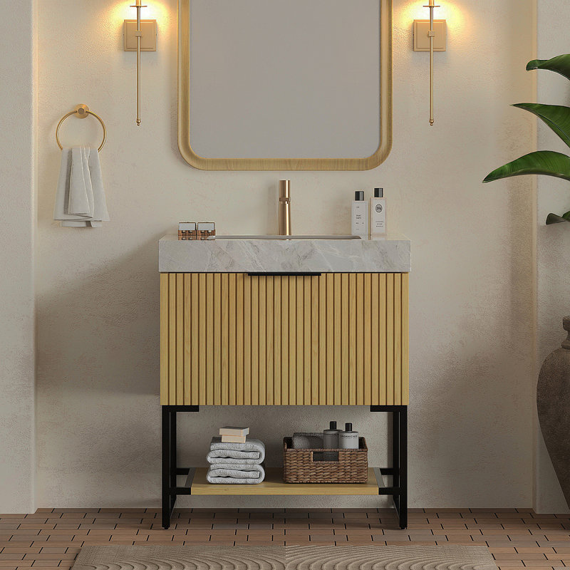 Meuble-lavabo et lavabo Yolan 30 po, armoire de rangement autoportante en contreplaqué rayé avec tiroir et tablette ouverte, comptoir en pierre frittée et vasque en céramique encastrée, pré-assemblé
